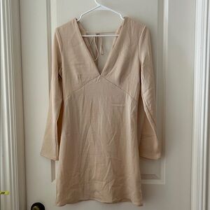 H&M Elegant Beige double sided V-Neck w/back tie & Long Sleeve Mini Dress size